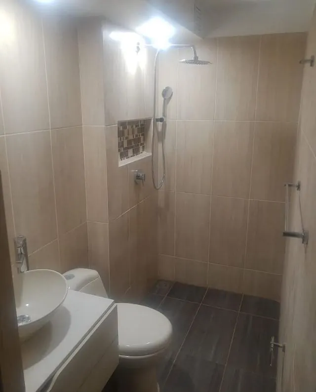 Baño completo con ducha y nicho decorativo