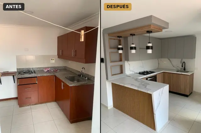 Antes y después: remodelación de cocina con mesón de mármol y muebles en madera