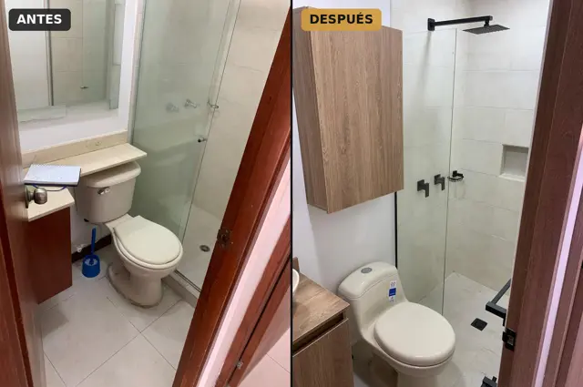 Antes y después: remodelación de baño con ducha en vidrio y grifería negra