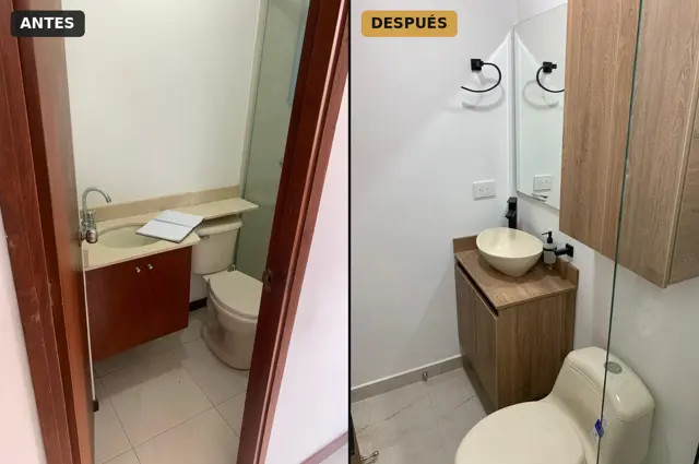 Antes y después: remodelación de baño con mueble flotante en madera y lavamanos de sobreponer